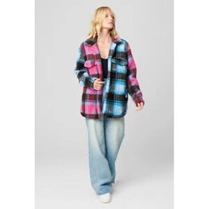 Blank NYC beyond the moon‎ Shacket pink blue plaid Sherpa snap front women's XL